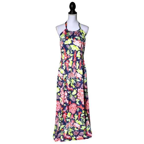 CK Bradley Navy Blue Tropical Parrot Floral Halter Maxi Long Dress Size Large - Picture 1 of 10